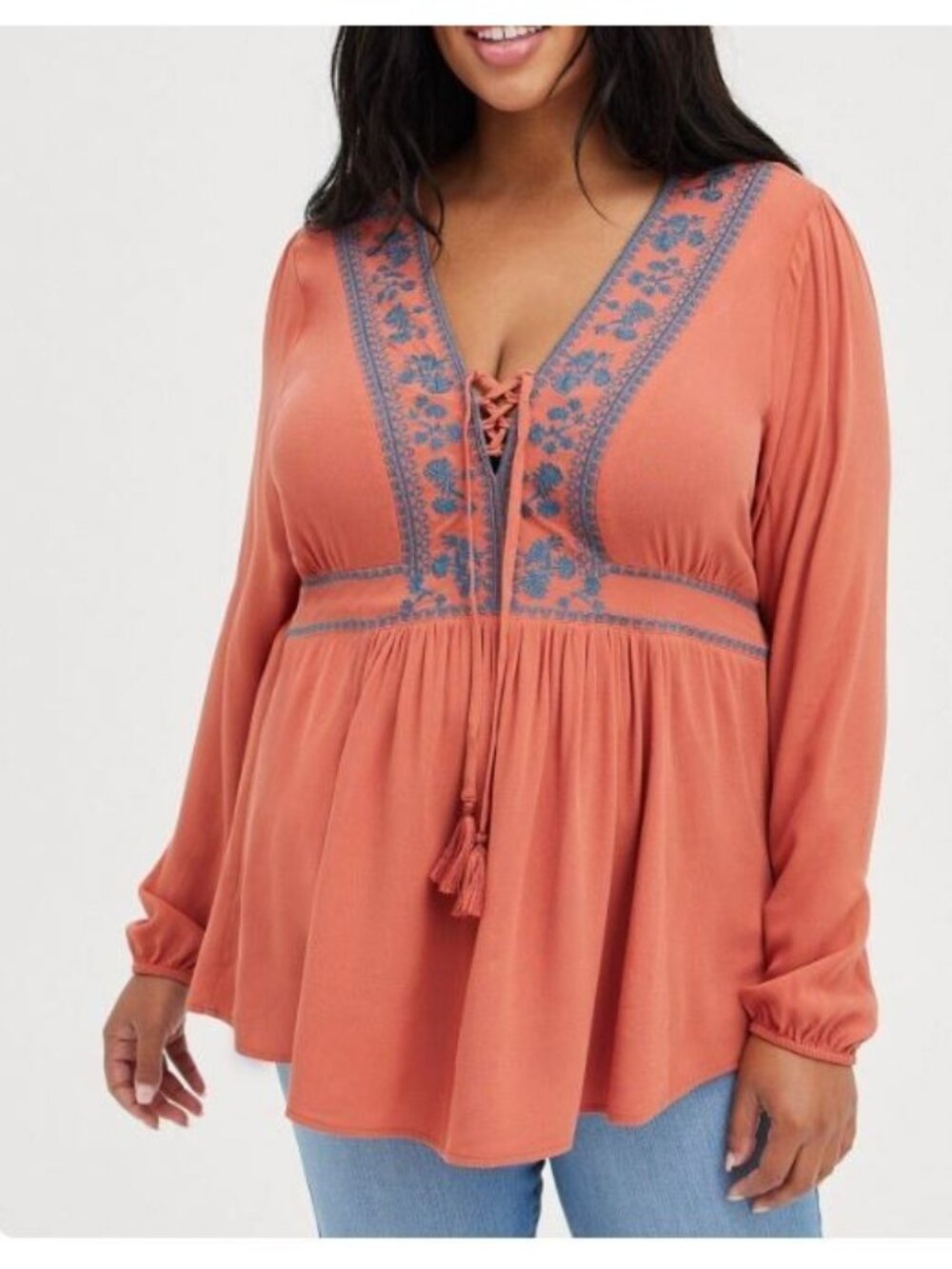 Torrid Top Womens 2X Rust Orange Embroidered Lace Up Babydoll Peasant Boho Gauzy